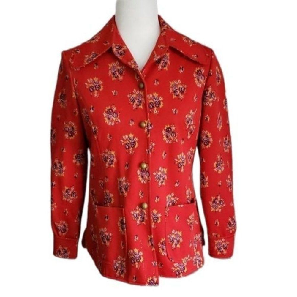 Vintage 60s Mod Floral Red Boho Button Down Shirt - image 1